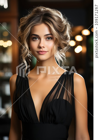Sophisticated Woman with Curly Blonde Hair in Black Dress. AI generation 109171267