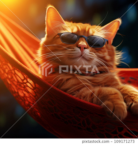 Sunset Serenity: Fashionable Feline Enjoying Hammock Time. AI generation Sunset Serenity: Fashionable Feline Enjoying Hammock Time. AI generation 109171273