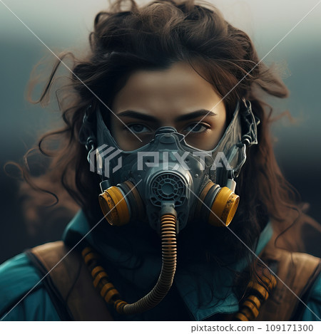 Intrepid Explorer: Young Woman with Futuristic Gas Mask. AI generation 109171300