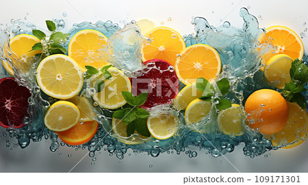 Vivid Citrus and Mint Explosion in Crystal Clear Water. AI generation 109171301