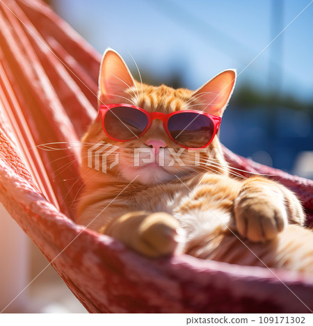 Cool Cat in Shades: Ginger Feline Chilling in a Hammock. AI generation Cool Cat in Shades: Ginger Feline Chilling in a Hammock. AI generation 109171302