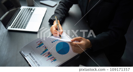 Young business woman looking at computer monitor, analyzing project statistics, marketing research results or statistics data, developing marketing strategy, working at office 109171357