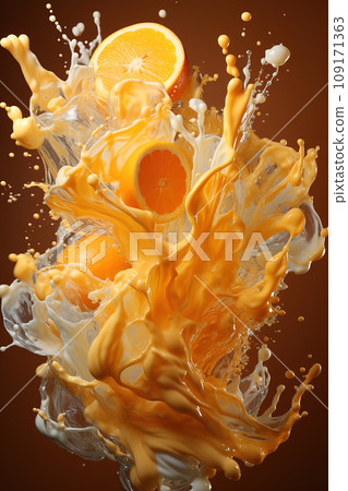 Vivid Citrus Explosion: Oranges Caught in a Dynamic Juice Splash. AI generation Vivid Citrus Explosion: Oranges Caught in a Dynamic Juice Splash. AI generation 109171363