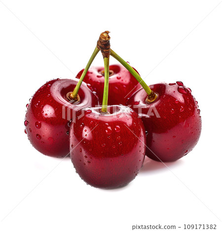 Four Juicy Cherries with Fresh Water Droplets on White Background. AI generation Four Juicy Cherries with Fresh Water Droplets on White Background. AI generation 109171382