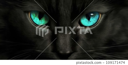 Close-up of a black cat with green eyes 109171474