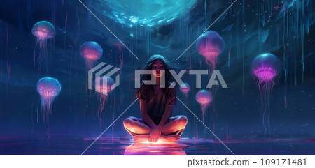 A girl meditates and a flock of luminous jellyfish flies on top of her A girl meditates and a flock of luminous jellyfish flies on top of her 109171481