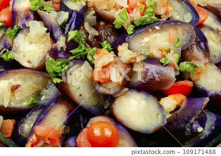 Warm vegetable salad, roast aubergine Warm vegetable salad, roast aubergine 109171488