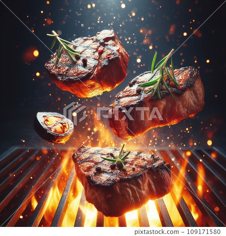 Tasty beef steaks and skewers flying above cast iron grate with fire flames. Tasty beef steaks and skewers flying above cast iron grate with fire flames. 109171580