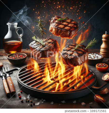 Tasty beef steaks and skewers flying above cast iron grate with fire flames. 109171581