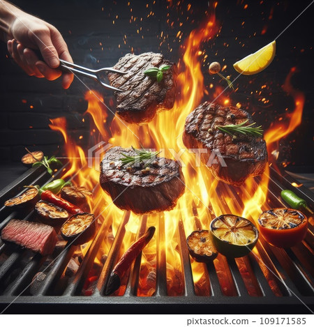 Tasty beef steaks and skewers flying above cast iron grate with fire flames. 109171585