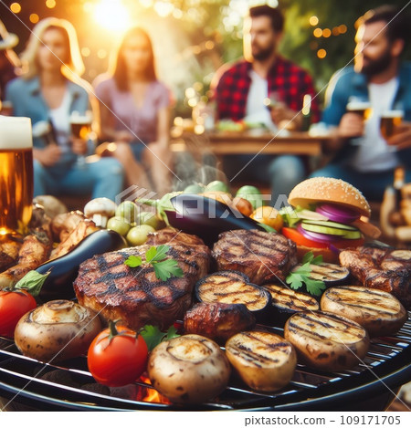 Photo of barbecue grill with tasty food meat potatoes mushrooms eggplant. background groups friends 109171705