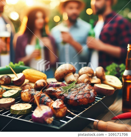 Photo of barbecue grill with tasty food meat potatoes mushrooms eggplant. background groups friends Photo of barbecue grill with tasty food meat potatoes mushrooms eggplant. background groups friends 109171706
