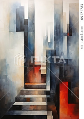 Abstract Cubist Staircase in Warm and Cool Tones. AI generation Abstract Cubist Staircase in Warm and Cool Tones. AI generation 109171783