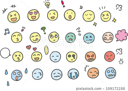 各種面部表情和情緒的手繪圖示插圖（彩色） 109172288