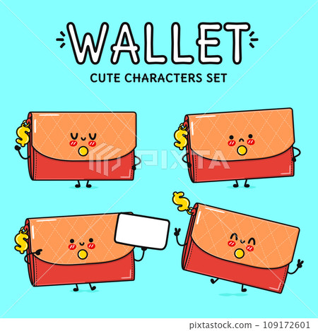 Funny cute happy Women wallet characters bundle set. Vector hand drawn doodle style cartoon character. Isolated on blue background. Women wallet character collection 109172601