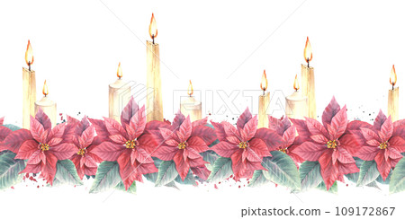Watercolor painted seamless border, pattern of red Poinsettia flowers and leaves with flaming candles, splashes. Illustration for Christmas, New Year decor, wrapping paper Isolated on white background 109172867