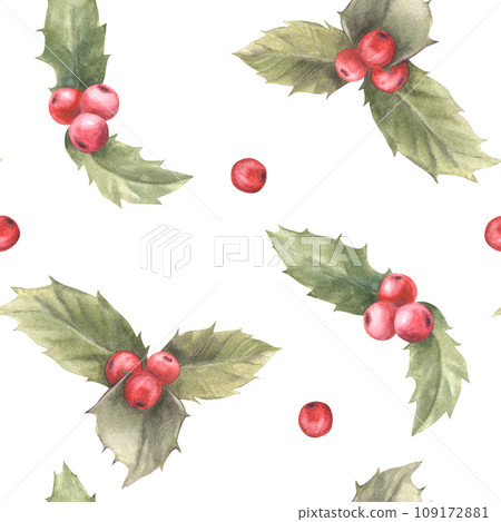 Watercolor painted illustration of red holly leaves and berries. Seamless pattern. Traditional plant for Christmas or New Year decor, gift wrapping, cover art, wallpaper. Isolated on white background Watercolor painted illustration of red holly leaves and berries. Seamless pattern. Traditional plant for Christmas or New Year decor, gift wrapping, cover art, wallpaper. Isolated on white background 109172881