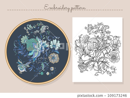 Fantasy flowers in retro, vintage, jacobean embroidery style 109173246
