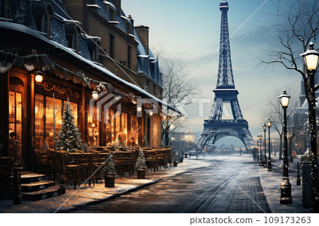 Winter cityscape snow covered streets of Paris lined with historical buildings adorned with festive lights and decorations 109173263