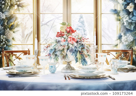 Watercolor painting of a holiday dining table set with vintage china, surrounded by winter foliage, antique style Christmas centerpieces 109173264