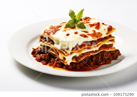 Classic Italian lasagna, highlighting layers of pasta, rich meat sauce, creamy bechamel, and melted cheese Classic Italian lasagna, highlighting layers of pasta, rich meat sauce, creamy bechamel, and melted cheese 109173290