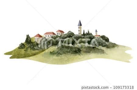 Mediterranean hills landscape with houses and trees watercolor illustration isolated on white background. Jerusalem Jericho valley view of Holy land sketch 109173318