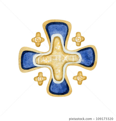Golden Jerusalem cross or five-fold heraldic symbol watercolor illustration isolated on white background. Holy city emblem Golden Jerusalem cross or five-fold heraldic symbol watercolor illustration isolated on white background. Holy city emblem 109173320