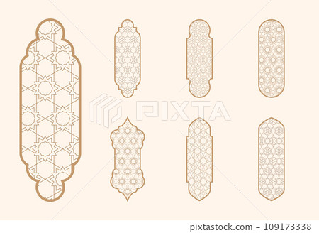 Islamic window shape with mashrabiya pattern. Arabic door frame. Islamic arhitecture elements of window and door and mashrabiya pattern. 109173338