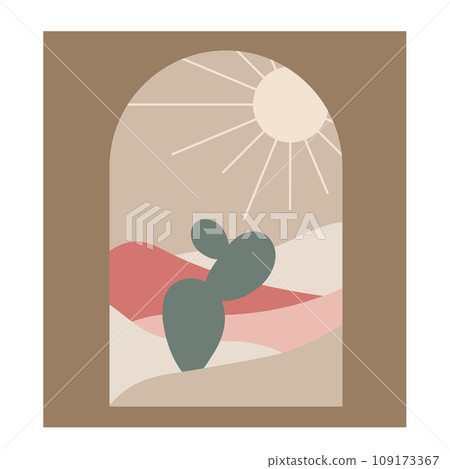 Boho boho logo cactus in minimal style. Landscape, cactus logo design templates in boho color, geometric abstract design for decoration. 109173367