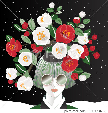 Vector illustration of a girl with short hair decorated with Camellia flowers in snowfall winter.  109173692