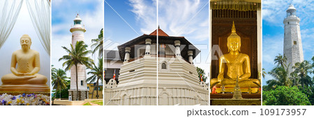 Photo collage of sculptures and architectural landmarks of Sri Lanka. Wide photo. Photo collage of sculptures and architectural landmarks of Sri Lanka. Wide photo. 109173957