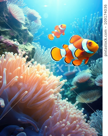 Amphiprion ocellaris clownfish and anemone in sea. 109174036