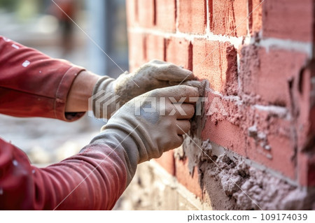 A person's hands wearing gloves and sand on a brick wall A person's hands wearing gloves and sand on a brick wall 109174039