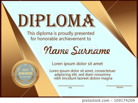 Vector diploma template with gold gradient and soft blue background 109174209