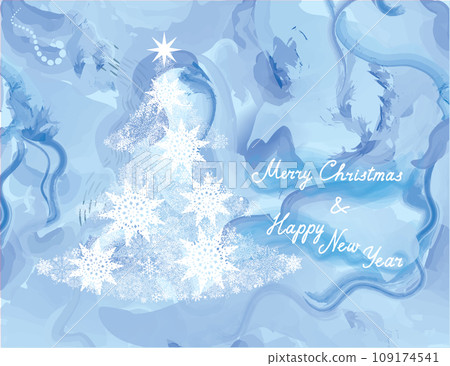 Christmas holiday greeting card with christmas tree and snowflakes. Handwritten Lettering MERRY CHRISTMAS AND HAPPY NEW YEAR. Noel holiday winter floral watercolor blurred background. Christmas holiday greeting card with christmas tree and snowflakes. Handwritten Lettering MERRY CHRISTMAS AND HAPPY NEW YEAR. Noel holiday winter floral watercolor blurred background. 109174541
