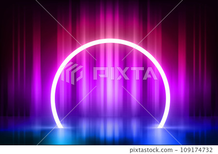 Abstract vibrant empty studio with glowing neon arc. Design product template. 3d vector mockup Abstract vibrant empty studio with glowing neon arc. Design product template. 3d vector mockup 109174732