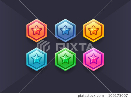 Vector set of games star icon. Military shield badges, game rank insignia. Vector game icons, revard signs, stars, chevron for used in mobile or web game 109175007