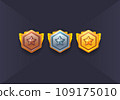 Vector set of games military icon. Military shield badges, game rank insignia. Vector game icons, revard signs, stars, chevron for used in mobile or web game 109175010