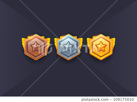 Vector set of games military icon. Military shield badges, game rank insignia. Vector game icons, revard signs, stars, chevron for used in mobile or web game 109175010