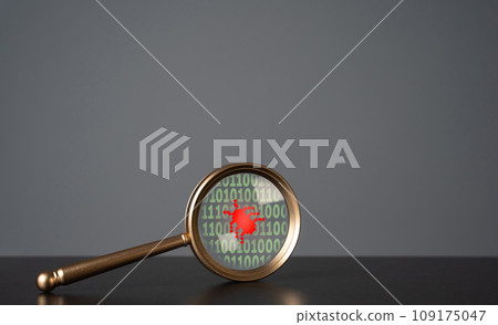 Bug in the code in the magnifying glass. Debugging, testing and code review. Troubleshooting. Programming. Fault or glitch that causes software to malfunction. Checking internet traffic 109175047