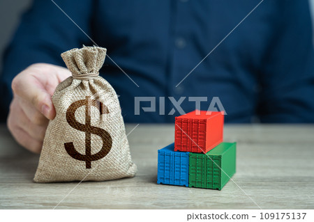 Shipping containers and dollar money bag. Order for the production of containers. Make a trade deal. Import and export. Profit from sales. Economic growth. Development of transport infrastructure. 109175137