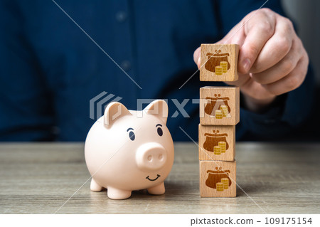 Collect savings. Attract investment. Accumulation of interest rate. Reliable storage, inflation protection. Deposits and savings benefits. Gain fortune. Get more income and profit. Piggy bank 109175154