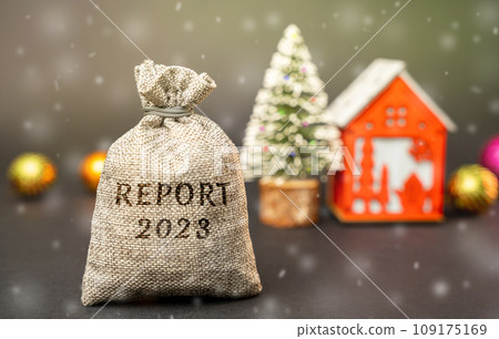 Report 2023 year concept. Business Financial Reporting Concept. Evaluation of the financial position. Balance sheet. Cash flow and audit. Money bag, Christmas tree and red house. 109175169