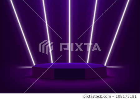 illuminated violet interior with neon lights and podium. 3d vector illustration 109175181
