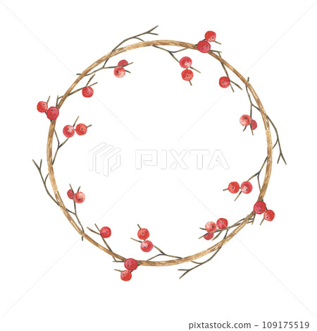 Watercolor Christmas wreath. Hand drawn illustration with twigs and red berries. Decor for invitations, greeting cards, packaging 109175519