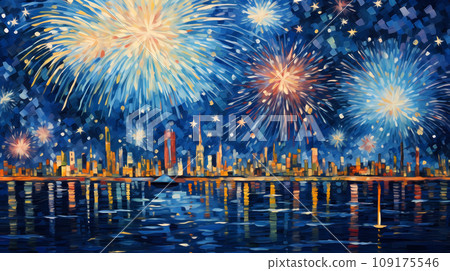 手绘卡通唯美的夜空中绽放的新年礼花插画 手绘卡通唯美的夜空中绽放的新年礼花插画 109175546