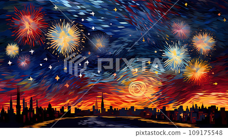 手绘卡通唯美的夜空中绽放的新年礼花插画 手绘卡通唯美的夜空中绽放的新年礼花插画 109175548