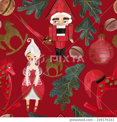 Nutcracker and nuts. Seamless watercolor pattern for New Year and Christmas wrapping paper. Vintage style gifts for children under the Christmas tree. 109176181