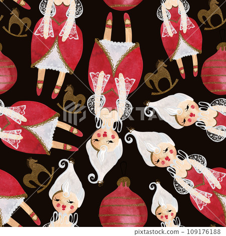 Nutcracker and nuts. Seamless watercolor pattern for New Year and Christmas wrapping paper. Vintage style gifts for children under the Christmas tree. 109176188