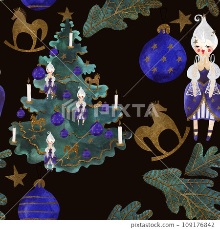 Dolls, rocking horses, Christmas trees. Seamless watercolor pattern for New Year and Christmas wrapping paper. Vintage style gifts for children under the Christmas tree. Dolls, rocking horses, Christmas trees. Seamless watercolor pattern for New Year and Christmas wrapping paper. Vintage style gifts for children under the Christmas tree. 109176842